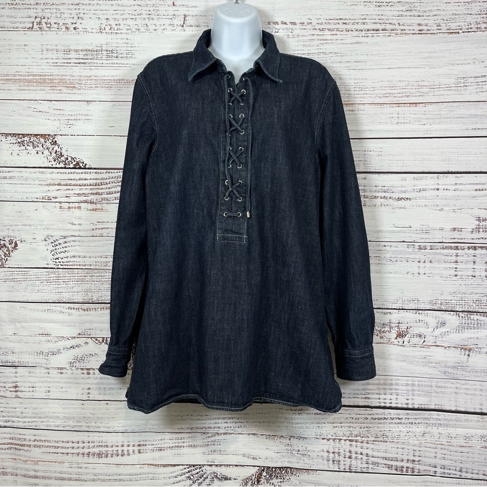 Lauren Ralph Lauren Dark Wash Lace Tie Tunic Denim 
Top